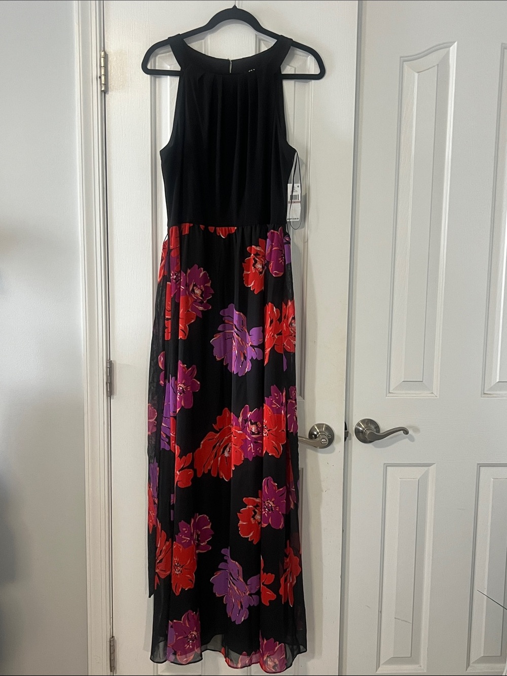 SLNY Black Sleeveless Maxi Dress with Red & Purple Floral Print